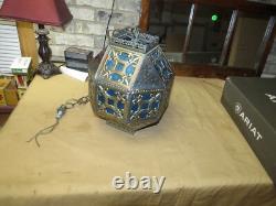 Vintage Brass Moroccan/ Islamic Pendant Hanging Lantern- Pierced- Stained Glass