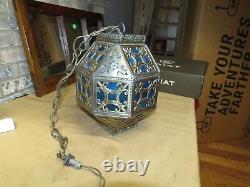 Vintage Brass Moroccan/ Islamic Pendant Hanging Lantern- Pierced- Stained Glass