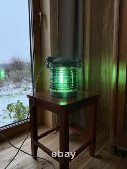 Vintage Brass Ship Lantern Lamp Green Fresnel Glass Nautical Light, Dimmable