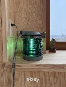Vintage Brass Ship Lantern Lamp Green Fresnel Glass Nautical Light, Dimmable