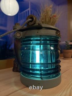Vintage Brass Ship Lantern Lamp Green Fresnel Glass Nautical Light, Dimmable