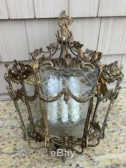 Vintage Bronze & Etched Glass Lantern Chandelier 7 Panel