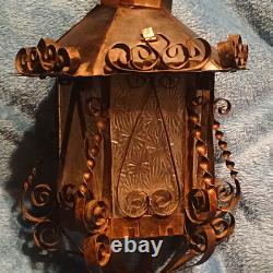 Vintage Brown Metal & Glass Pendant Light, Lantern Shade, Scrollwork, Textured
