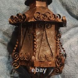 Vintage Brown Metal & Glass Pendant Light, Lantern Shade, Scrollwork, Textured