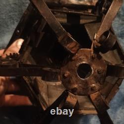Vintage Brown Metal & Glass Pendant Light, Lantern Shade, Scrollwork, Textured