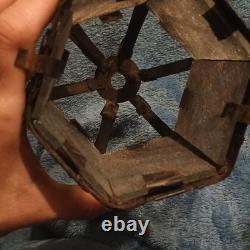 Vintage Brown Metal & Glass Pendant Light, Lantern Shade, Scrollwork, Textured
