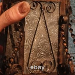 Vintage Brown Metal & Glass Pendant Light, Lantern Shade, Scrollwork, Textured