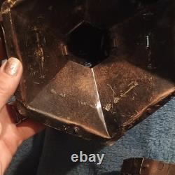 Vintage Brown Metal & Glass Pendant Light, Lantern Shade, Scrollwork, Textured