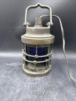 Vintage Cast Bronze Ship Lantern Blue Globe Electrified Natural Patina
