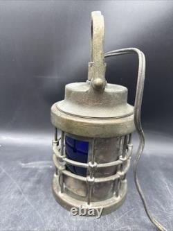 Vintage Cast Bronze Ship Lantern Blue Globe Electrified Natural Patina