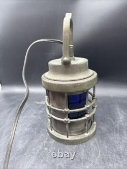 Vintage Cast Bronze Ship Lantern Blue Globe Electrified Natural Patina