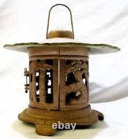 Vintage Cast Iron Japanese Candle Lantern Pagoda Bird Motif Antique