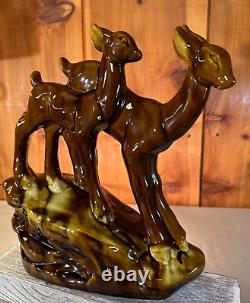 Vintage Ceramic Glazed Deer Lamp Two Doe's 1960's-1970's 12 Night Light Brown