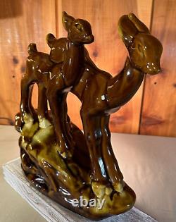 Vintage Ceramic Glazed Deer Lamp Two Doe's 1960's-1970's 12 Night Light Brown