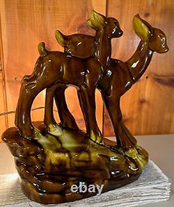 Vintage Ceramic Glazed Deer Lamp Two Doe's 1960's-1970's 12 Night Light Brown