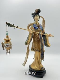 Vintage Chinese Cloisonné Gilt Filigree Lady Figurine Lantern Leizu Style 10.25