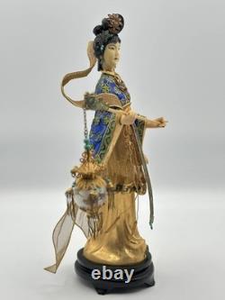 Vintage Chinese Cloisonné Gilt Filigree Lady Figurine Lantern Leizu Style 10.25