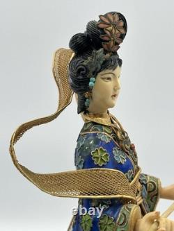 Vintage Chinese Cloisonné Gilt Filigree Lady Figurine Lantern Leizu Style 10.25