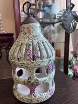 Vintage Chinese Dayazhai Style Porcelain Birdcage Lantern Wisteria 3D Birds