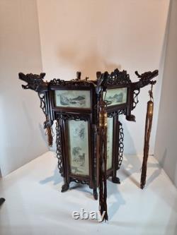 Vintage Chinese Hanging Lantern Ceiling Light Painted Glass Panels Landscapes