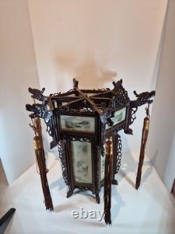 Vintage Chinese Hanging Lantern Ceiling Light Painted Glass Panels Landscapes