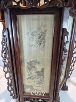 Vintage Chinese Hanging Lantern Ceiling Light Painted Glass Panels Landscapes