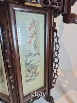 Vintage Chinese Hanging Lantern Ceiling Light Painted Glass Panels Landscapes