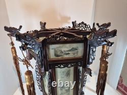 Vintage Chinese Hanging Lantern Ceiling Light Painted Glass Panels Landscapes