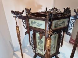 Vintage Chinese Hanging Lantern Ceiling Light Painted Glass Panels Landscapes