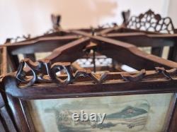 Vintage Chinese Hanging Lantern Ceiling Light Painted Glass Panels Landscapes