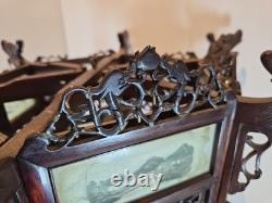 Vintage Chinese Hanging Lantern Ceiling Light Painted Glass Panels Landscapes