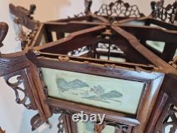 Vintage Chinese Hanging Lantern Ceiling Light Painted Glass Panels Landscapes