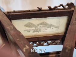 Vintage Chinese Hanging Lantern Ceiling Light Painted Glass Panels Landscapes