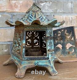 Vintage Chinese Pagoda Lantern Tea Light Votive Candle Holder Teal Green Rustic