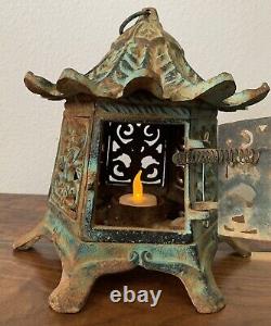 Vintage Chinese Pagoda Lantern Tea Light Votive Candle Holder Teal Green Rustic