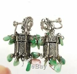 Vintage Chinese Silver Filigree Lantern Form Earrings Jewelry Jadeite Jade
