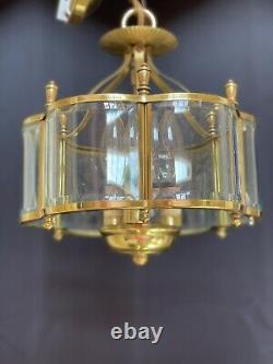 Vintage Colonial Brass Lantern Beveled Curved Glass 3 Light 10 Hall Light