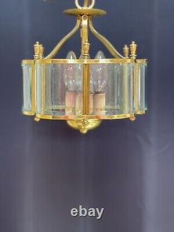 Vintage Colonial Brass Lantern Beveled Curved Glass 3 Light 10 Hall Light
