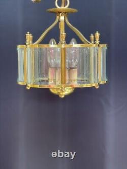 Vintage Colonial Brass Lantern Beveled Curved Glass 3 Light 10 Hall Light