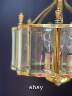 Vintage Colonial Brass Lantern Beveled Curved Glass 3 Light 10 Hall Light