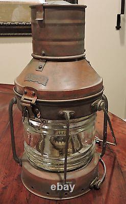 Vintage Copper & Brass Anchor Maritime Ship Oil Lantern Light Glass Chimney NICE
