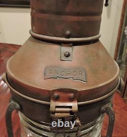 Vintage Copper & Brass Anchor Maritime Ship Oil Lantern Light Glass Chimney NICE