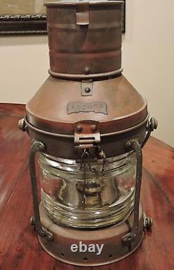Vintage Copper & Brass Anchor Maritime Ship Oil Lantern Light Glass Chimney NICE