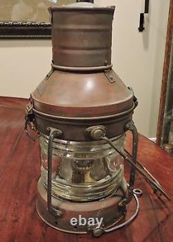 Vintage Copper & Brass Anchor Maritime Ship Oil Lantern Light Glass Chimney NICE