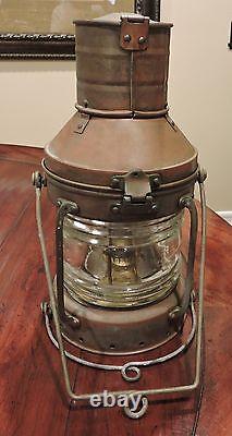 Vintage Copper & Brass Anchor Maritime Ship Oil Lantern Light Glass Chimney NICE