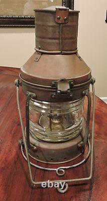 Vintage Copper & Brass Anchor Maritime Ship Oil Lantern Light Glass Chimney NICE