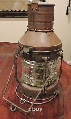 Vintage Copper & Brass Anchor Maritime Ship Oil Lantern Light Glass Chimney NICE