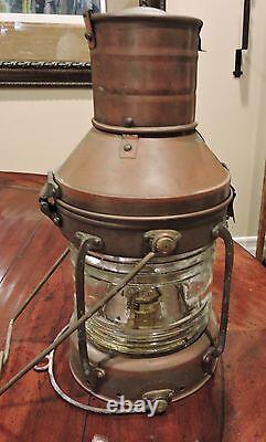 Vintage Copper & Brass Anchor Maritime Ship Oil Lantern Light Glass Chimney NICE