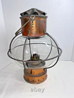 Vintage Copper/Brass Glass Kosmos Brenner Hanging Table Ships Oil Lamp Lantern