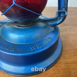 Vintage Dietz Blue Little Wizard Kerosene Lantern Red Glass Globe Antique